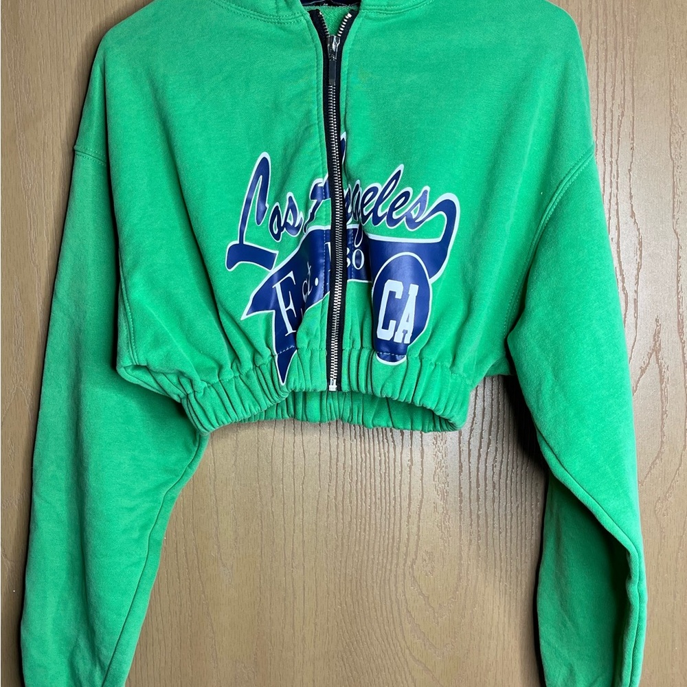 Adika Green Cropped Hoodie with Blue Graphic